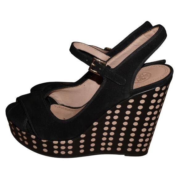 Tory Burch Ollie Black Suede Polka Dot Wedge Sandals Women’s 6.5M Made in Brazil - Picture 1 of 12